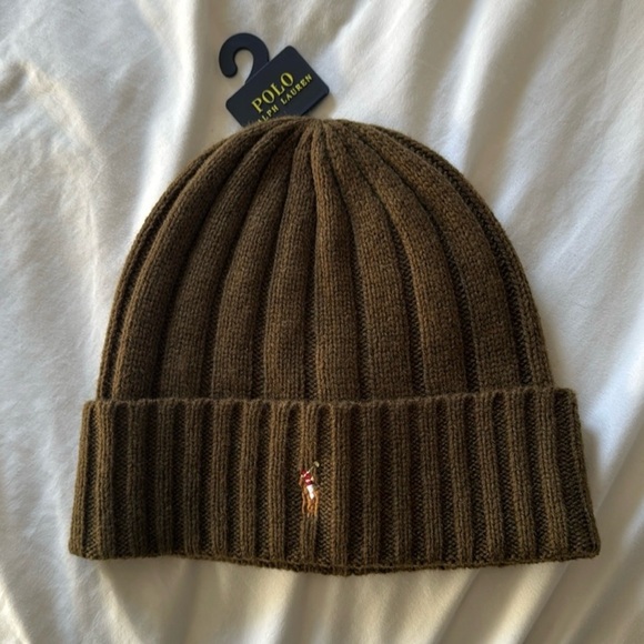 Polo by Ralph Lauren Olive Wool Blend Ribbed Cuff Knitted Beanie hat -one size - Picture 1 of 5